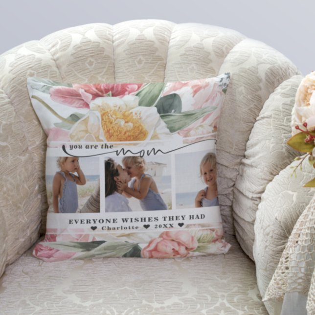 Mother's Day | Floral Three Photo Collage Throw Pillow (Creator Uploaded)