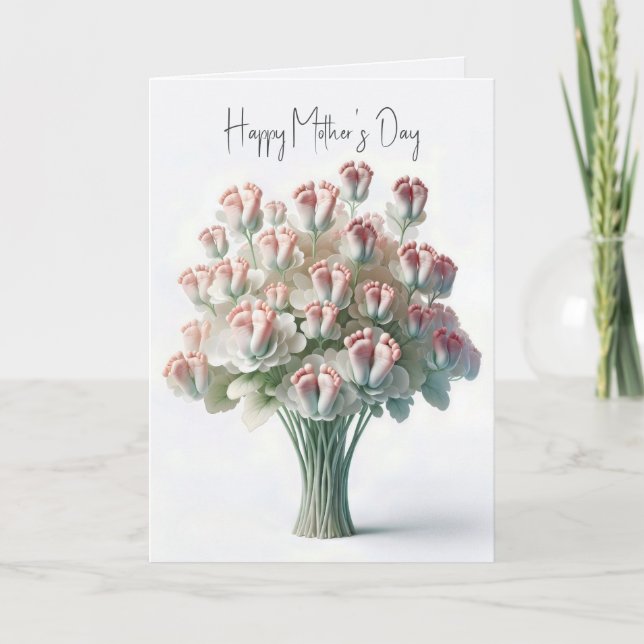 Mother's Day Flower Bouquet With Pink Baby Feet Card (Front)