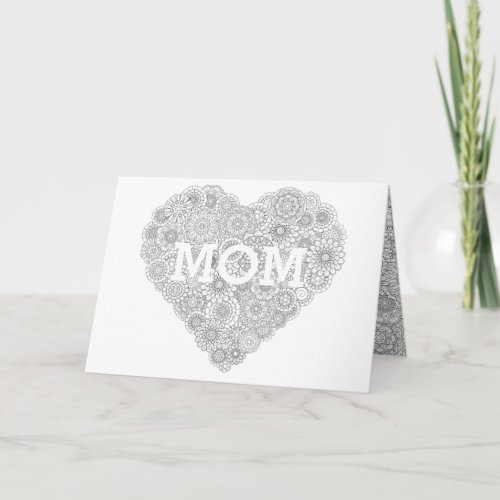 Mothers Day Flower Heart Card Adult Coloring Card