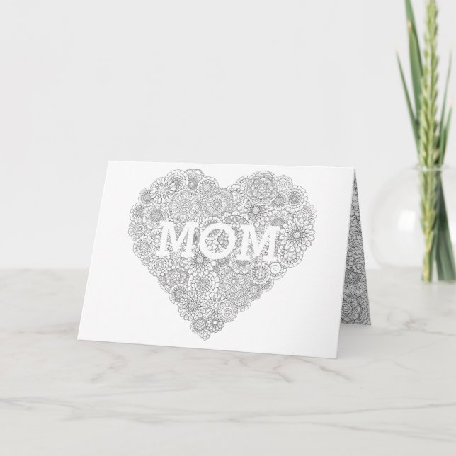 Mother's Day Flower Heart Card: Adult Coloring Card (Front)