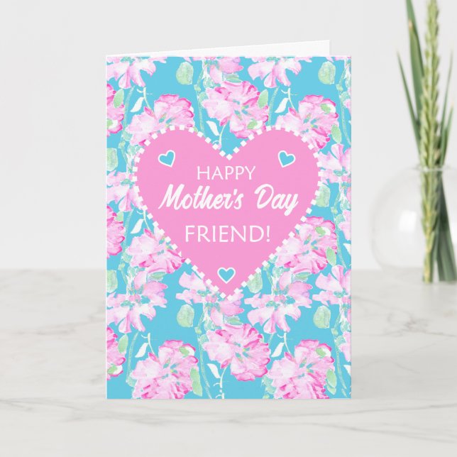 Mothers Day For Friend Pink Roses on Blue Card (Front)