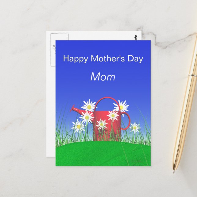 Mothers Day for Mom Daisies and Watering Can Postcard (Front/Back In Situ)