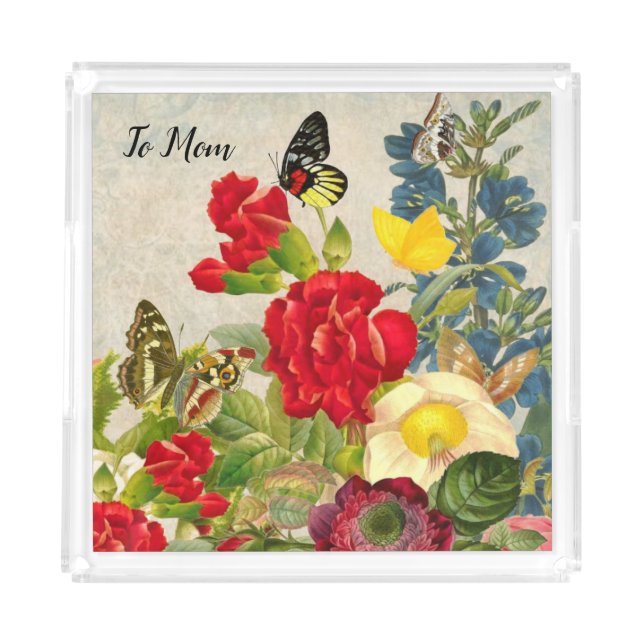 Mother's Day Garden Carnations Roses Butterflies Acrylic Tray (Front)