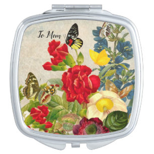 Mother's Day Garden Carnations Roses Butterflies Compact Mirror