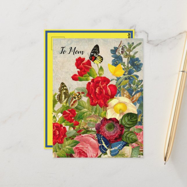 Mother's Day Garden Carnations Roses Butterflies Postcard (Front/Back In Situ)