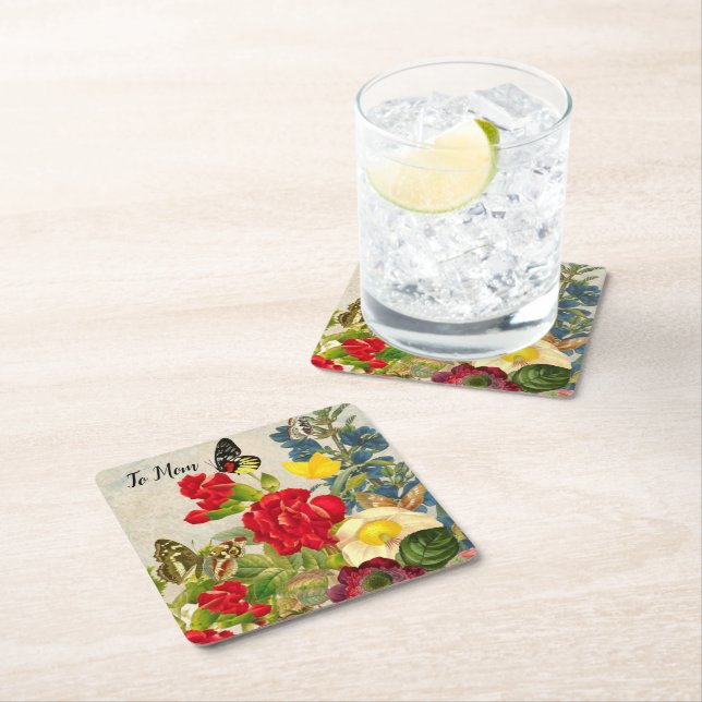 Mother's Day Garden Carnations Roses Butterflies Square Paper Coaster (Insitu)