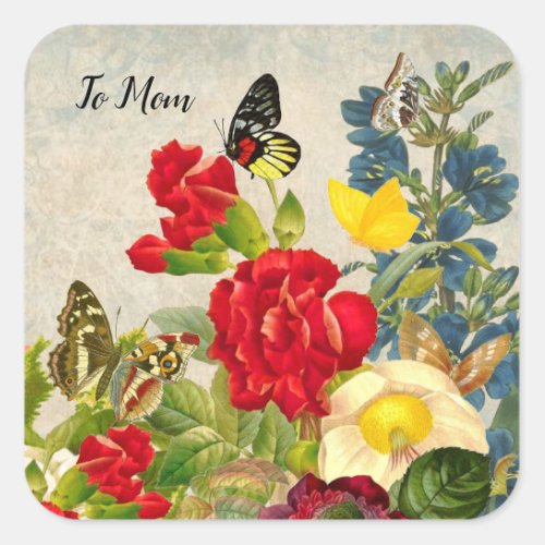Mothers Day Garden Carnations Roses Butterflies Square Sticker
