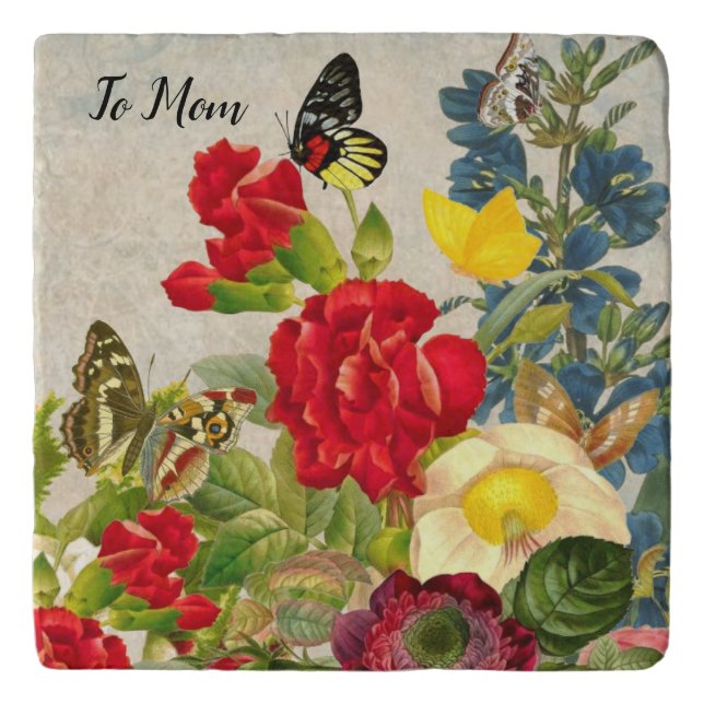 Mother's Day Garden Carnations Roses Butterflies Trivet (Front)