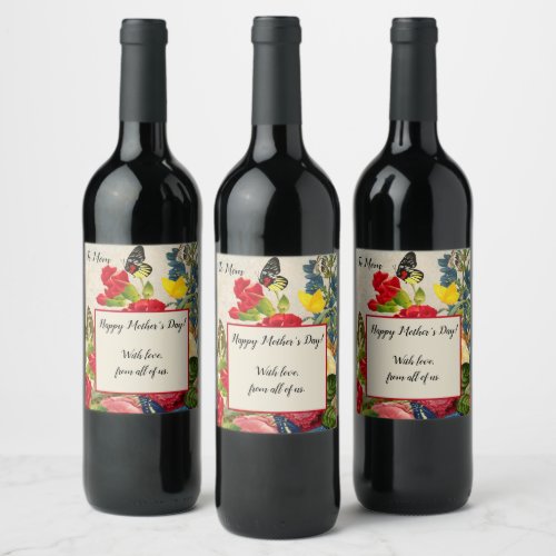 Mothers Day Garden Carnations Roses Butterflies Wine Label