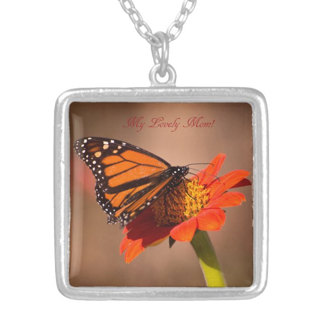 Mothers Day gift Butterfly on Tithonia Silver Plated Necklace (Front)