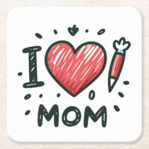 Mother's Day Gift I Love Mom Square Paper Coaster
