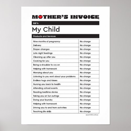 Mothers Day Gift _ Love Invoice from Mom Poster