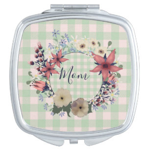 Mother's Day Gift Mint Green Floral Monogram Compact Mirror