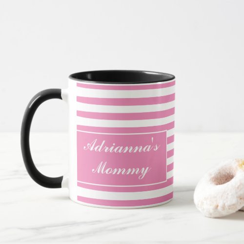 Mothers Day Gifts Pink White Stripes Custom Name Mug