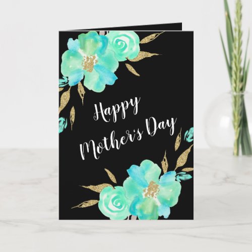 Mothers Day Gold Teal Blue Floral Custom Design Card