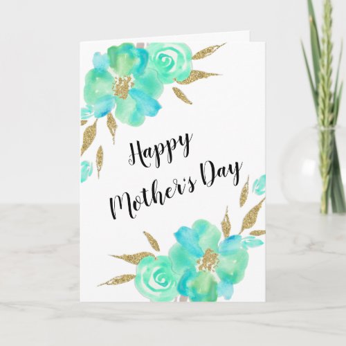 Mothers Day Gold Teal Blue Floral Custom Design Card