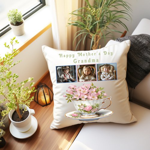  Mothers Day Grandma Teacup Flowers   Throw Pillow