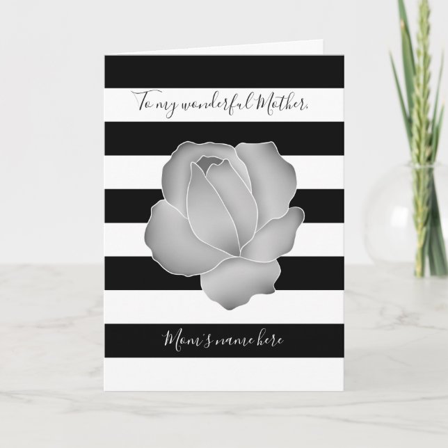 Mothers Day gray rose and black and white stripes Card (Front)