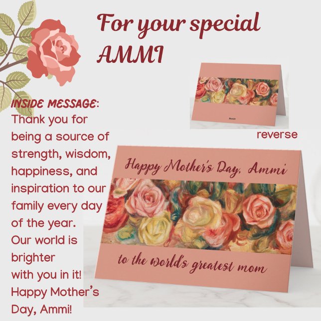 Mother's Day Greatest Ammi Urdu Arabic Mom Card (A beautiful floral roses Mother's Day card for your special Ammi (mom). All text customizable.)