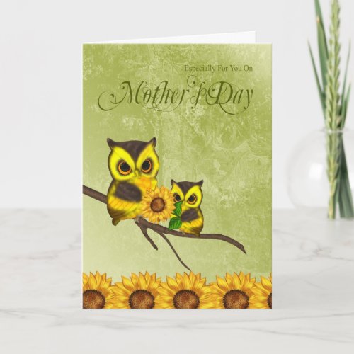 Mothers Day Greeting Card With Owls And Sunflower