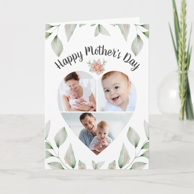 Mothers Day Heart Shaped Photo Collage Greenery Card (Front)