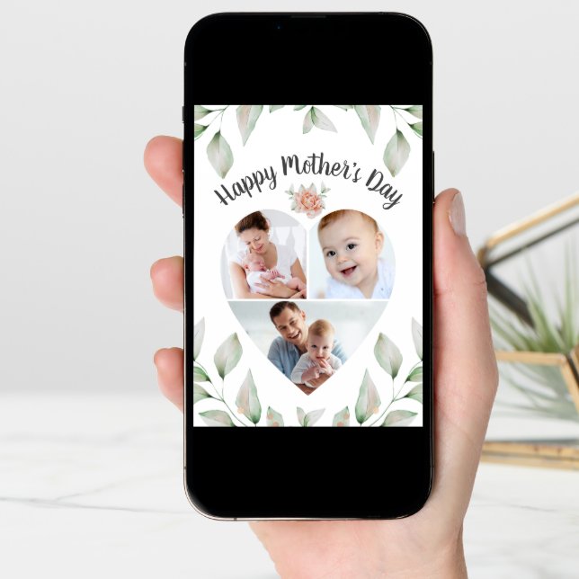 Mothers Day Heart Shaped Photo Collage Greenery Card (Front Digital)