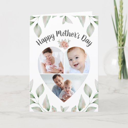 Mothers Day Heart Shaped Photo Collage Greenery Card