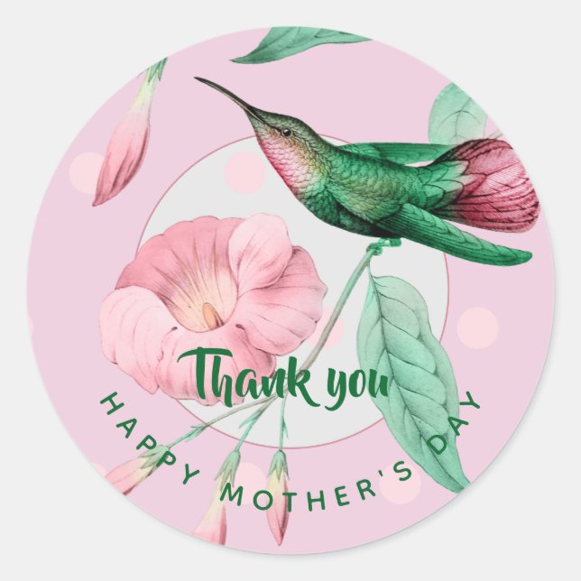 Mother's Day Hummingbird Pink Mint Floral Gift Classic Round Sticker (Front)