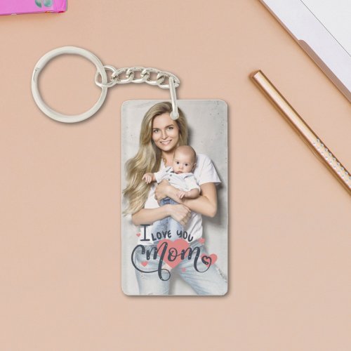 Mothers day I love you mom heart typography photo Keychain
