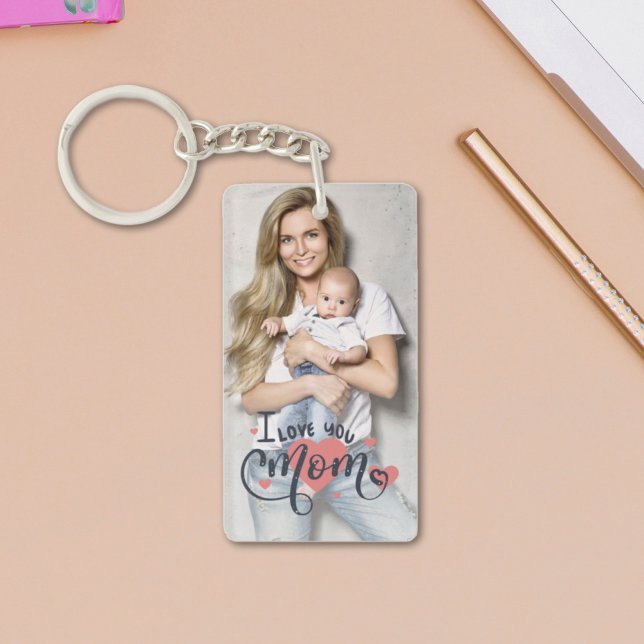 Mother's day I love you mom heart typography photo Keychain (Creator Uploaded)