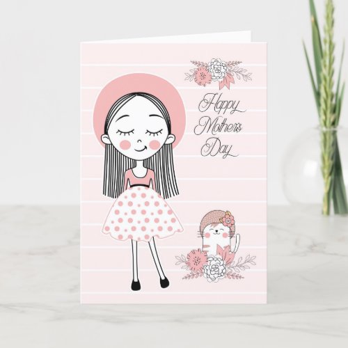 Mothers Day in Pink Black with Girl and Cat Holiday Card