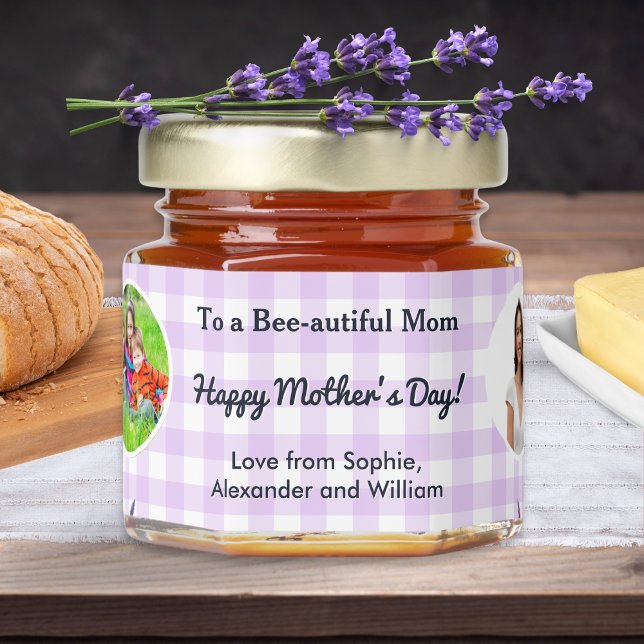 Mother's Day Lilac Gingham 2 Photos Personalized Honey Jar Favors (A mini jar of honey for Mother's Day, with custom photos and message on a gingham background)