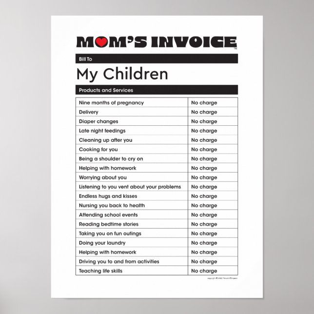 Mother's Day Love Mom Invoice - Gift Poster (Front)