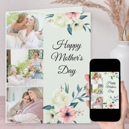 Mothers Day Mint and Pink Feminine Floral 3 Photo Card