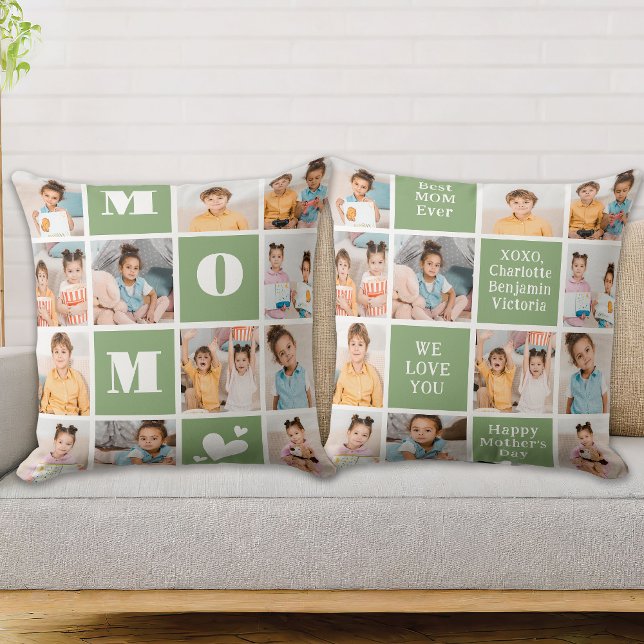 Mother's Day MOM Modern Green 12 Photo Collage Throw Pillow (Creator Uploaded)