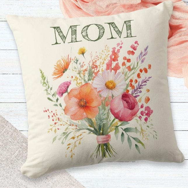 Mother's Day Mom Pretty Floral Bouquet Flowers Throw Pillow (A beautiful throw pillow for Mother's Day, with picture of a hand-tied bouquet of flowers)