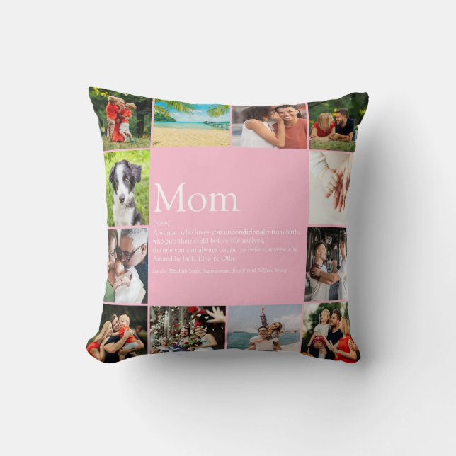 Mothers Day Mom Quote Family Photo Collage Pink Throw Pillow (Front)