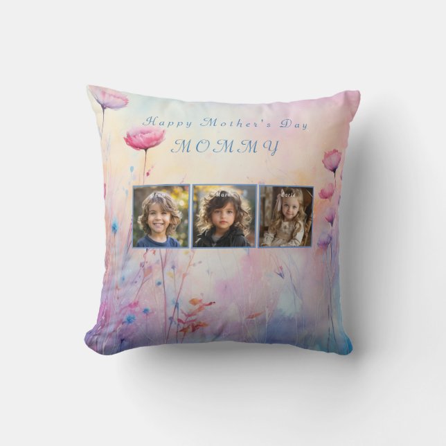  Mother's Day Mommy Photos on Watercolor Throw Pillow (Front)