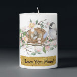 Mother's Day Mom's Birthday Bird Pillar Candle<br><div class="desc">Coming home to a soothing candle makes everything brighter. Bird Watch as this adorable and highly detailed feathered friend fly's off your shelves. Black-capped Chickadee Birds will grace any setting. This Beautiful Oil Painting Bird Artwork is of a Chickadee Bird sitting on her Nest while she watches over her Bird...</div>