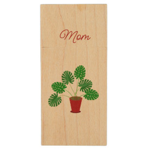 Mothers Day Monstera Plant Custom Name Wood Flash Drive
