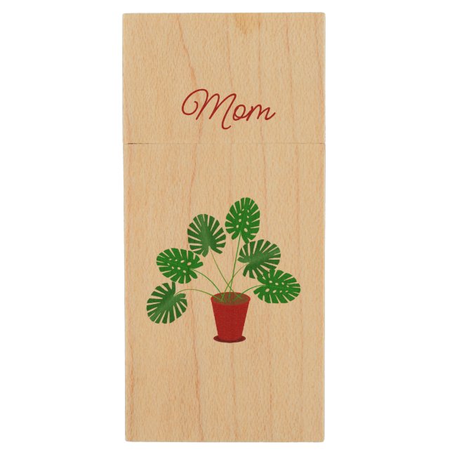 Mothers Day Monstera Plant Custom Name Wood Flash Drive (Front Vertical)
