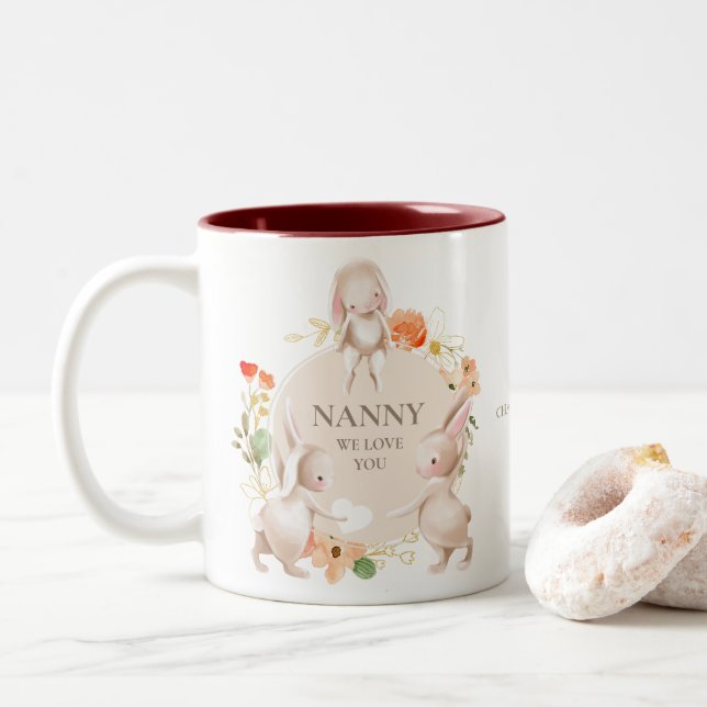 Mothers Day Nanny We Love You Bunny Rabbit Floral Two-Tone Coffee Mug (With Donut)