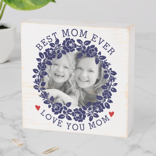 Mothers Day navy blue rose wreath photo Wooden Box Sign