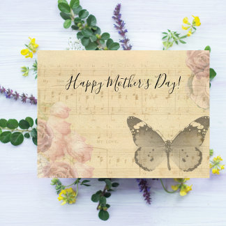 Mother's Day Old Sheet Music Score Roses Butterfly Holiday Card