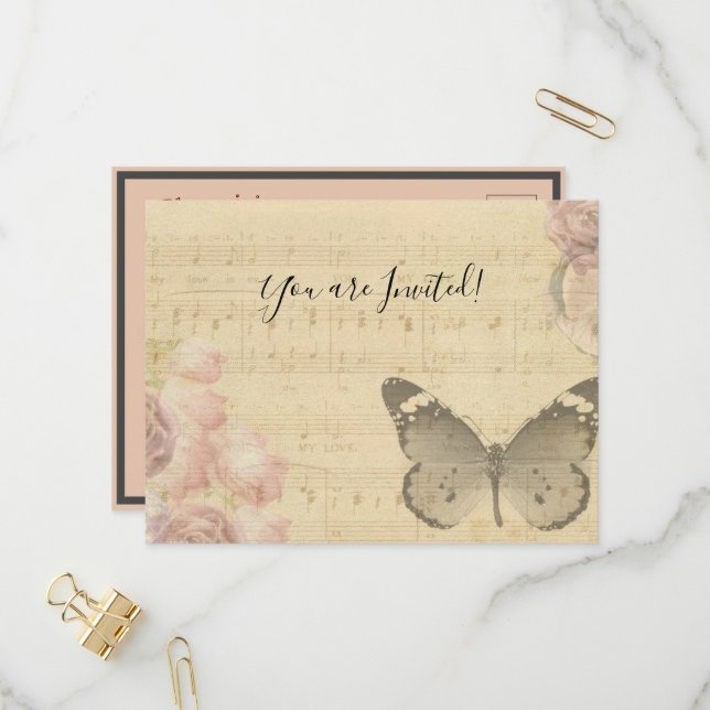 Mother's Day Old Sheet Music Score Roses Butterfly Invitation Postcard (Front/Back In Situ)