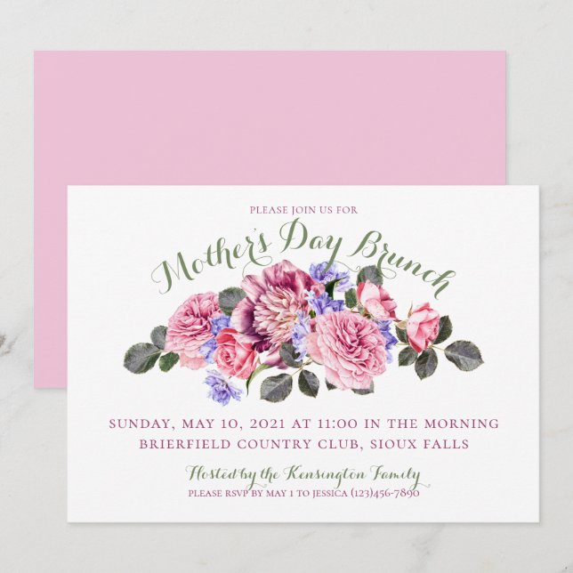 Mothers Day Pastel Spring Pink Floral Invitation (Front/Back)