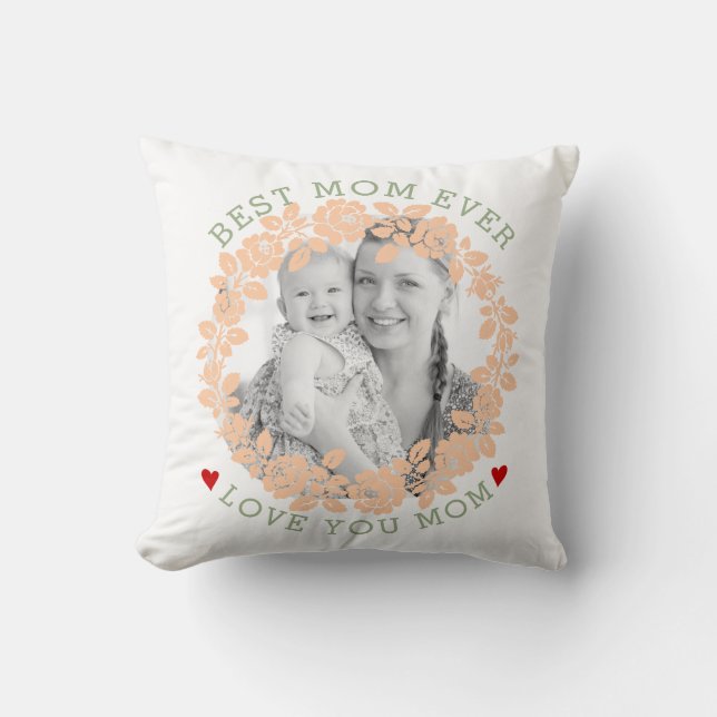 Mothers Day peach and green rose wreath photo Throw Pillow (Front)