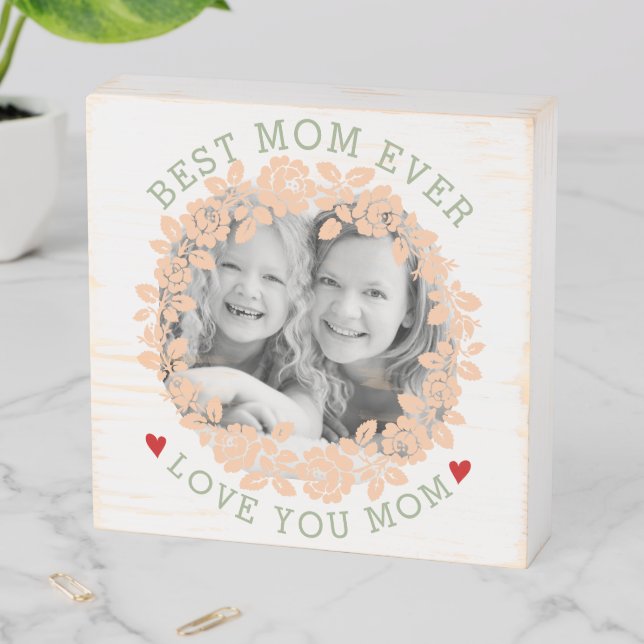 Mothers Day peach and green rose wreath photo Wooden Box Sign (In Situ Horizontal)