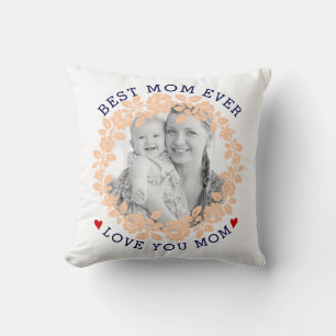 Mothers Day peach, navy blue rose wreath photo Throw Pillow