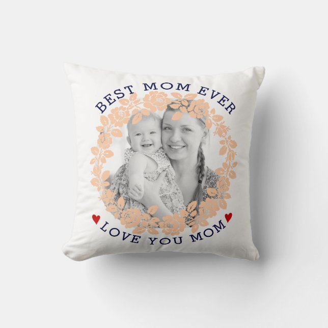 Mothers Day peach, navy blue rose wreath photo Throw Pillow (Front)